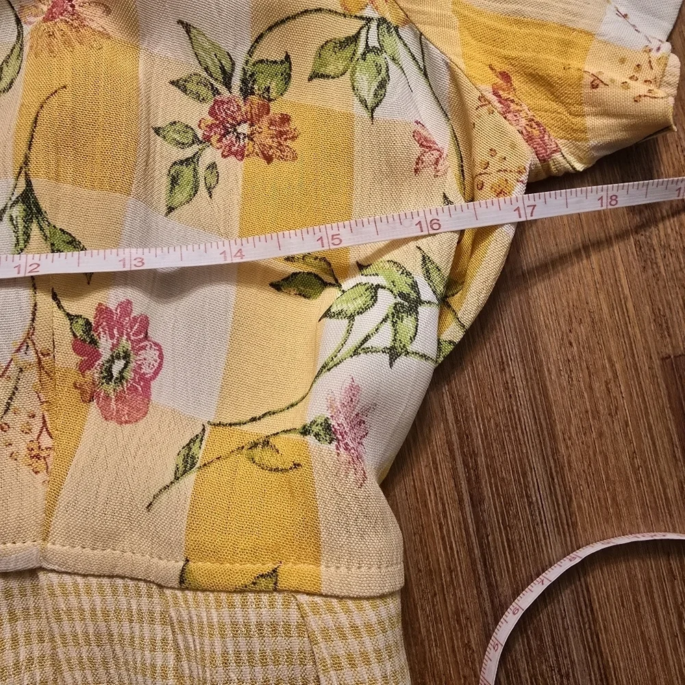 VTG Expo Mixed Print Midi Dress Yellow Gingham Floral Cottagecore Button Front 8